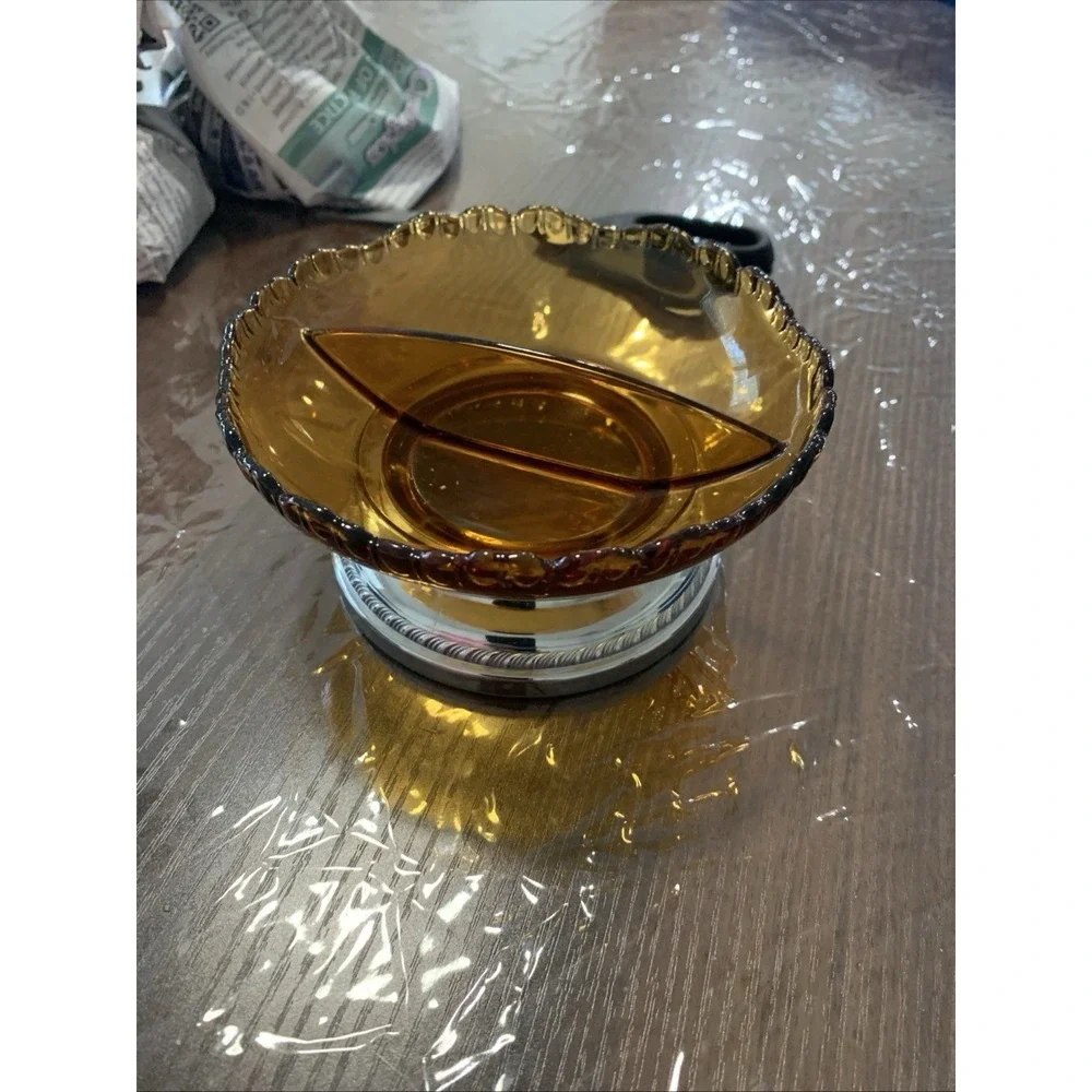 Art Deco Farber Bros. Krome-Kraft Divided Amber Glass Silver Candy Dish Bowl